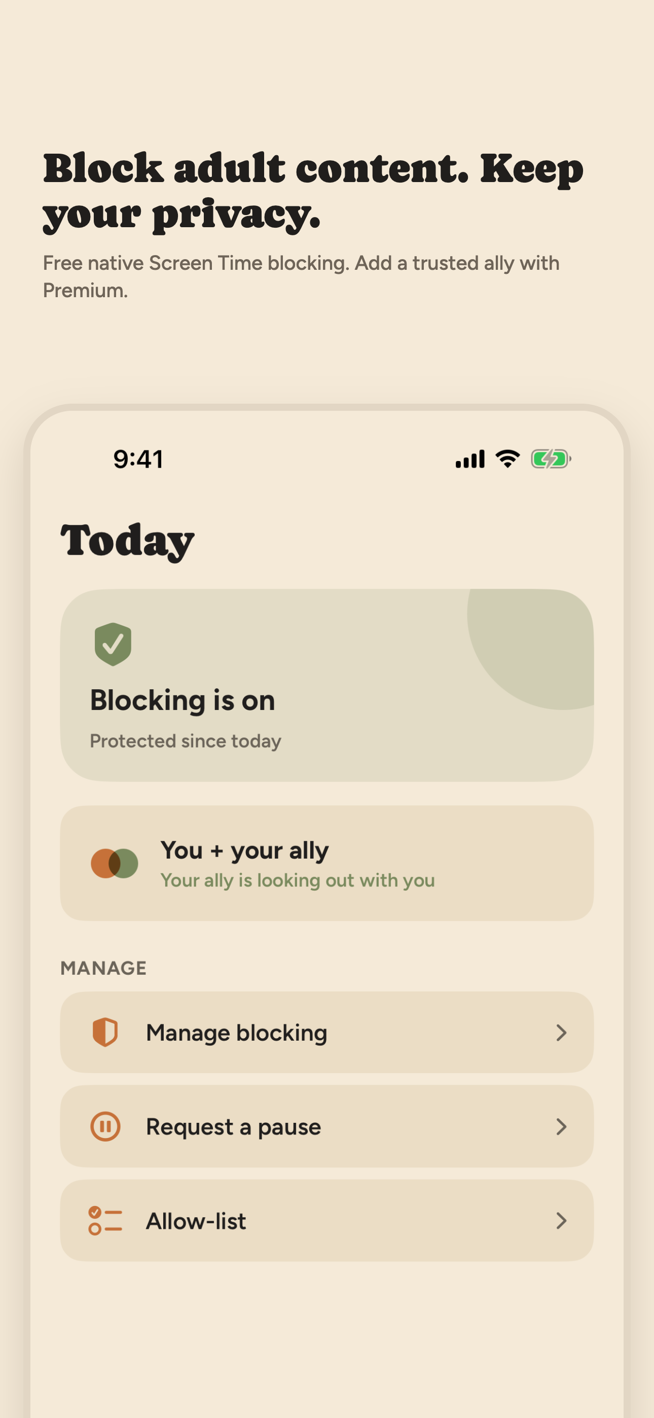 Open Book home screen showing blocking status on iPhone