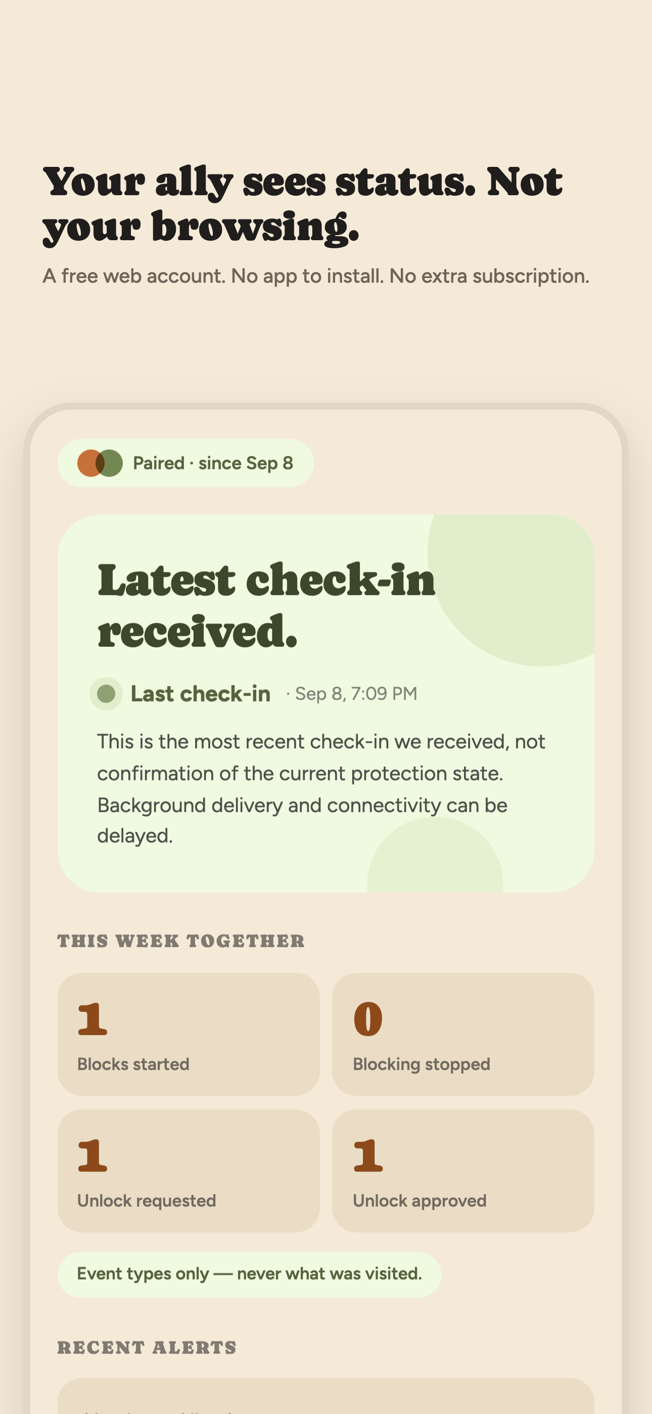 Ally web portal showing protection event types and check-in status